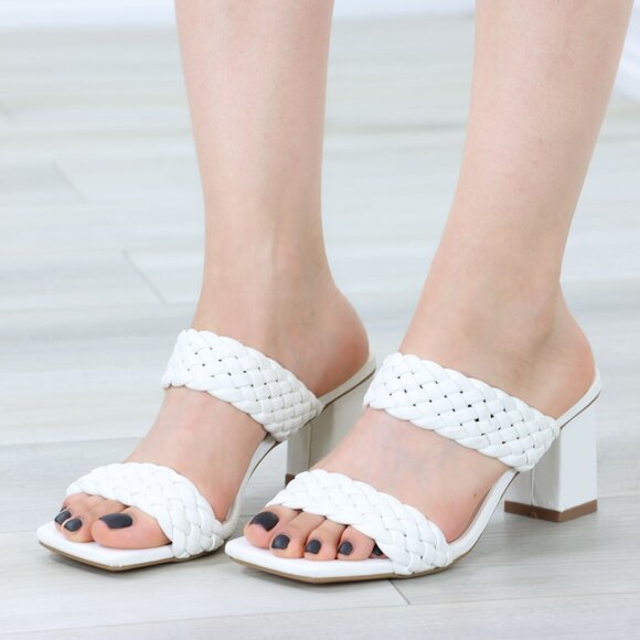 White Block Low Heeled Mule Open Squared Toe Slip On Sandals Braided Straps - Picture 13 of 14